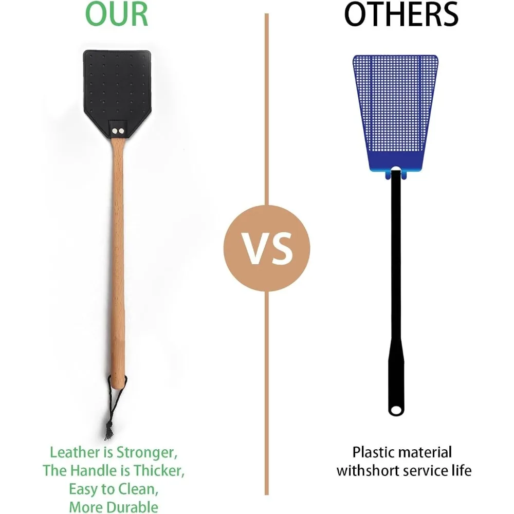 Fly Swatter Vintage Leather Long Wooden Handle Mosquito Bug Killer Insect Pest Control Tool Home Indoor Outdoor Garden Decor