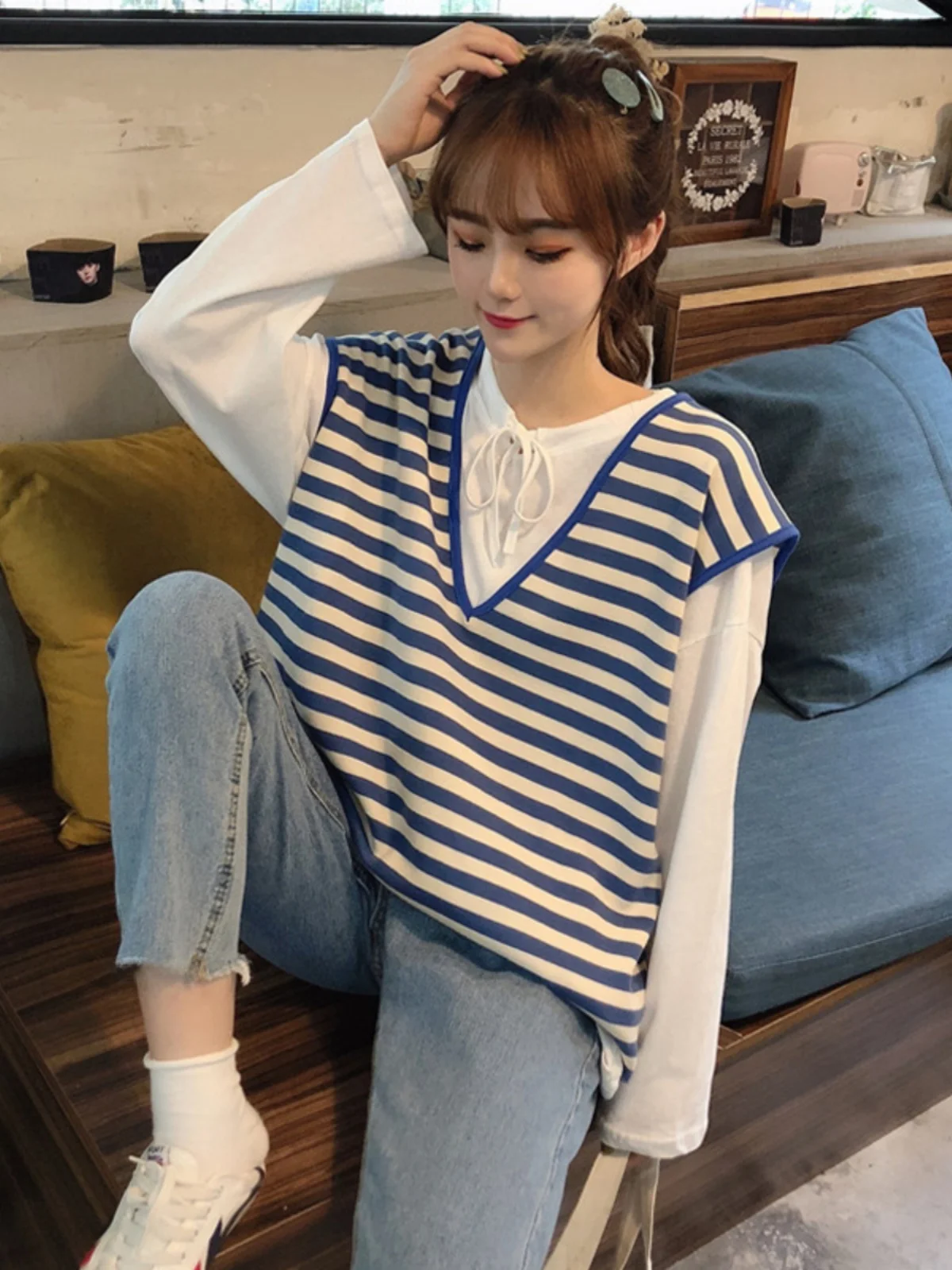 

Faionable Long Sve T-irt Set Casual Women's Spring Autumn Wear Cotton Classic Sle Two Piece Suit for Young Adults