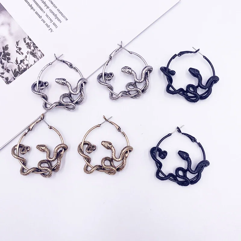 Minar Punk Antique Gold Black Metallic Twining Animal Crazy Twist Snake Hoop Earrings for Women Femme Statement Jewelry