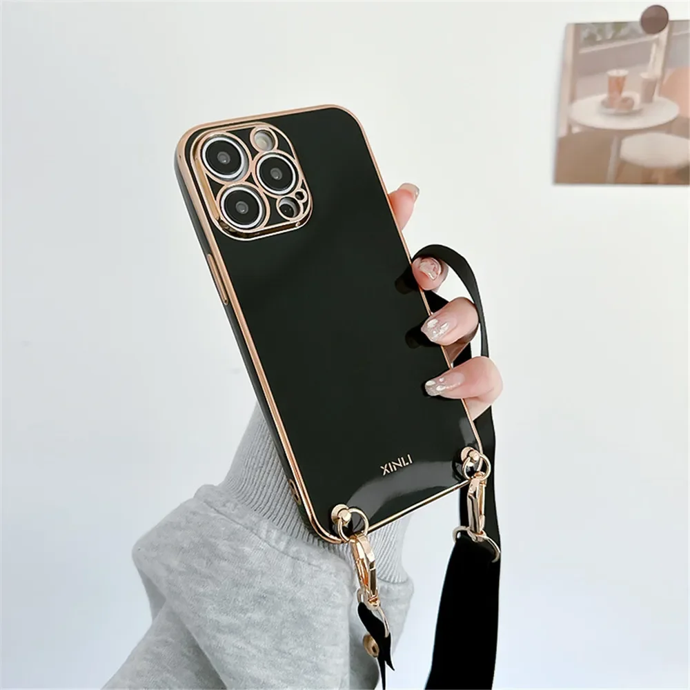 Electroplate Crossbody Lanyard Necklace Rope Case For iPhone 14 11 13 15 Pro Max 12 Mini XR X XS 6 7 8 Plus Soft Silicone Cover