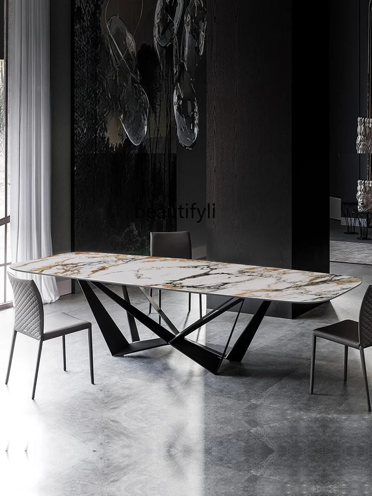 

Italian light luxury dining table rectangular designer creative imported rock slab dining table and chair combination
