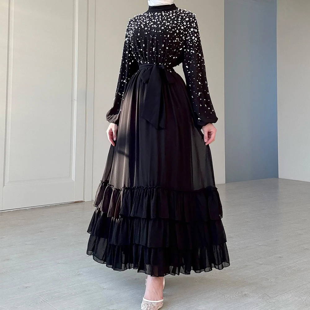 Personalizado a linha vestidos de noite tornozelo comprimento alta pescoço manga cheia vestido de baile moda miçangas cristal simples drapeado vestido de festa