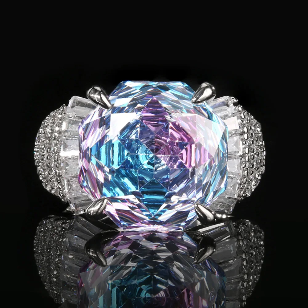 Luxus 14MM Rosa Quarz Aquamarin Turmalin Ringe für Frauen Party Edlen Schmuck Zubehör Aussage Dame Jahrestag Geschenk