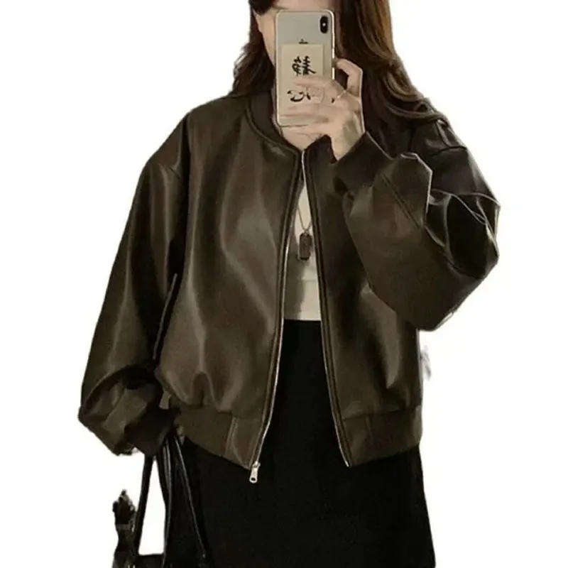 Spring 2026 Women's New Retro Coat Motorcycle Wind Leather Loose Jacket Student Casual Female Simple Baseball Collar Overwear