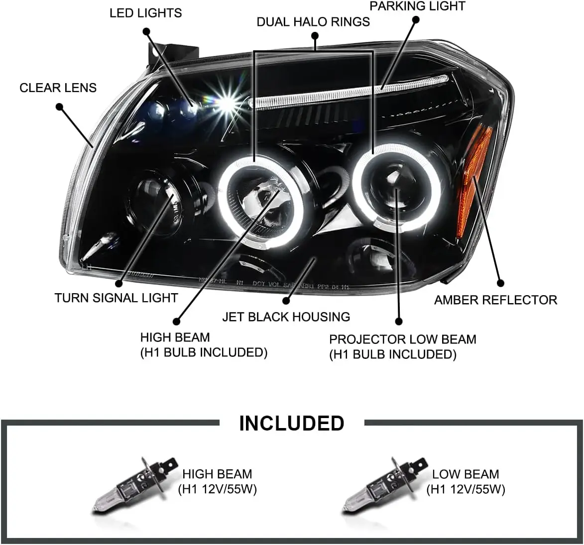 مصابيح أمامية لجهاز عرض هالة مزدوجة LED باللون الأسود النفاث متوافقة مع مجموعة المصابيح الأمامية Dodge Magnum لليسار + الأيمن