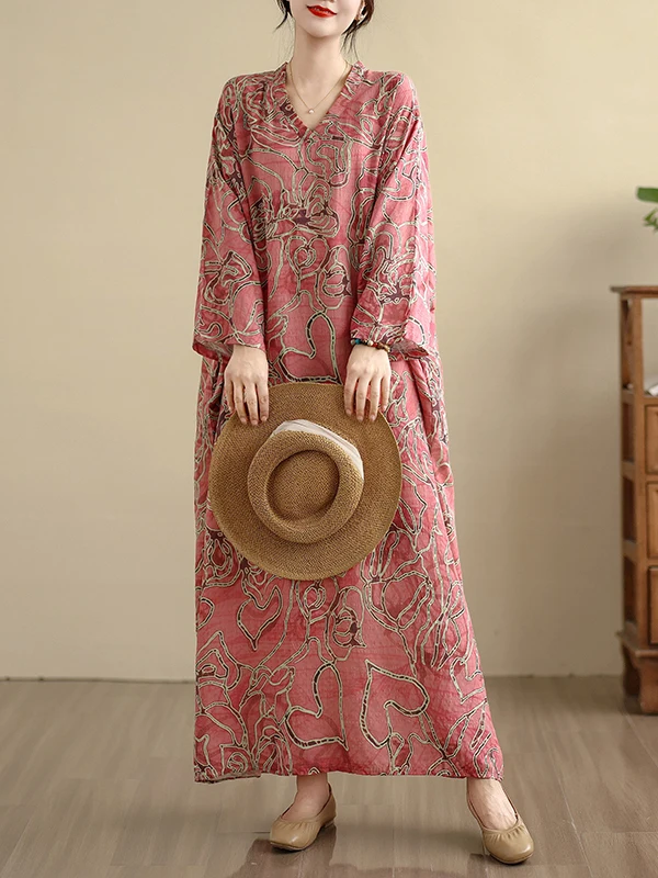 plus Size Cotton Linen V-Ne Travel Casual Long Dr Meat Concealing Vintage Sle Holiday Wind New Model Full Coverage Gown