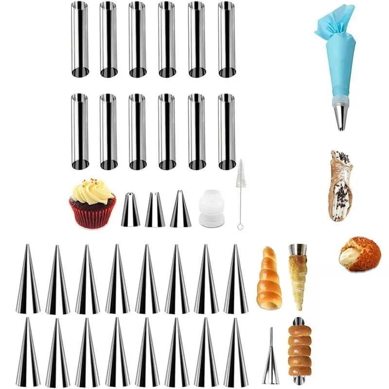 A02M-Cream Horn Molds In Stainless Steel- For Baking, 16Pcs Cone Shaped And 12Pcs Tubular Shaped Cannoli Form Tube Molds