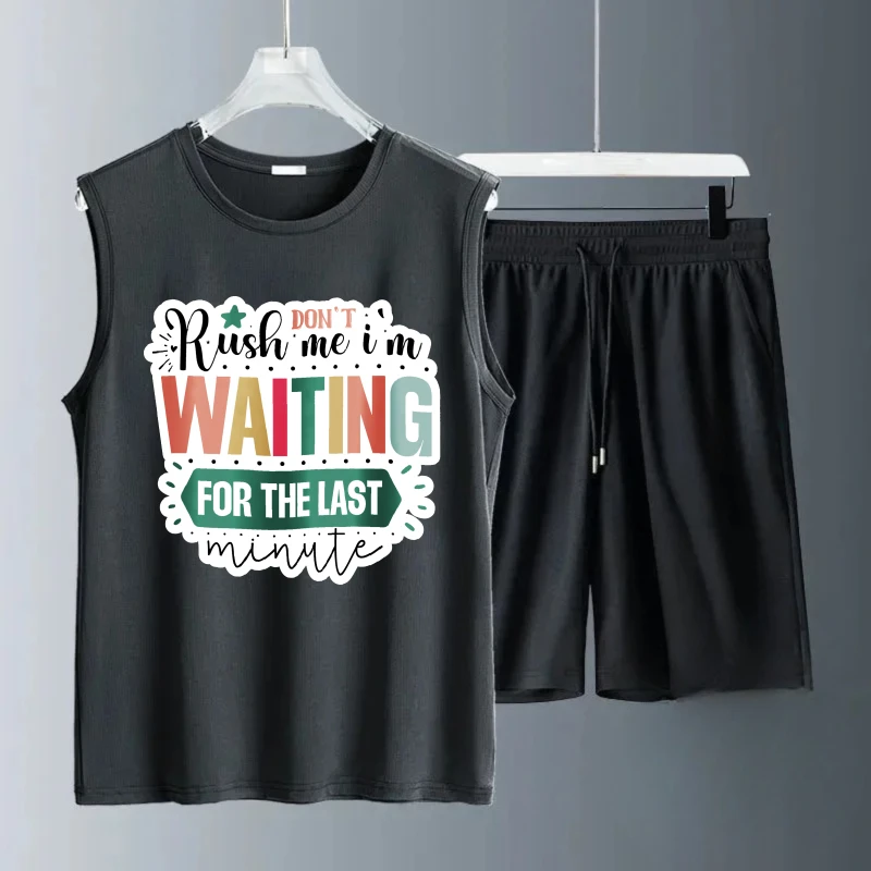 بدلة صدرية رجالية صيفية بدون أكمام مطبوعة انتظر ل تانك القمم + شورت ملابس رياضية بدلة رياضية رجالية سريعة الجفاف