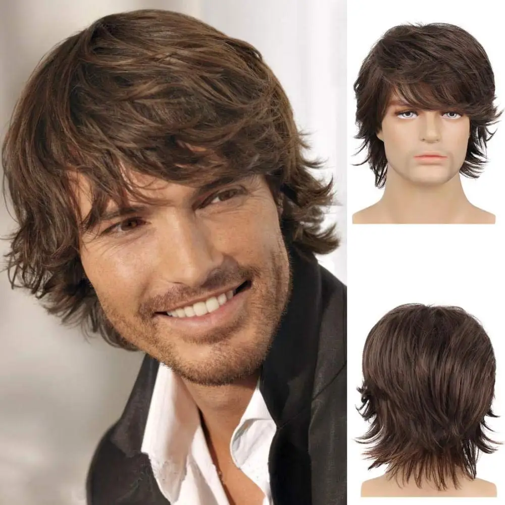 Synthetic Short Curly Brown Wig for Mens Heat Resistant Layered Fluffy Wig Halloween, Multi-colored Shaggy Role-playing Wig