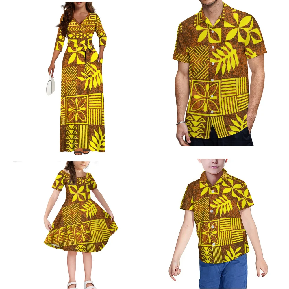 Samoan Family Party Clothing Polynesian Mother Daughter Dress Father Son Shirt Custom New Women'S Long Dress Autumn Long Sleeves