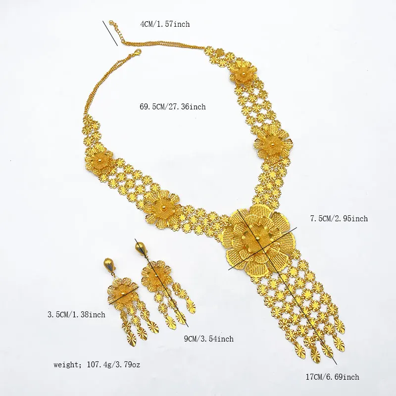 Luxuriöses Indisches 24k Goldfarbenes Langes Blumen-Halsketten- und Ohrring-Set für Bräute, Dubai Äthiopischer Schmuck, Ohrringe für Bankette und Geschenke – Detail 6
