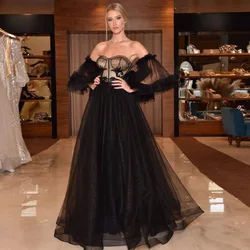 Off-Shoulder Prom Gowns Sweep Train Occasion Dresses Black Party Vestidos Womens Elegant Tulle Puff Sleeves Evening Dress