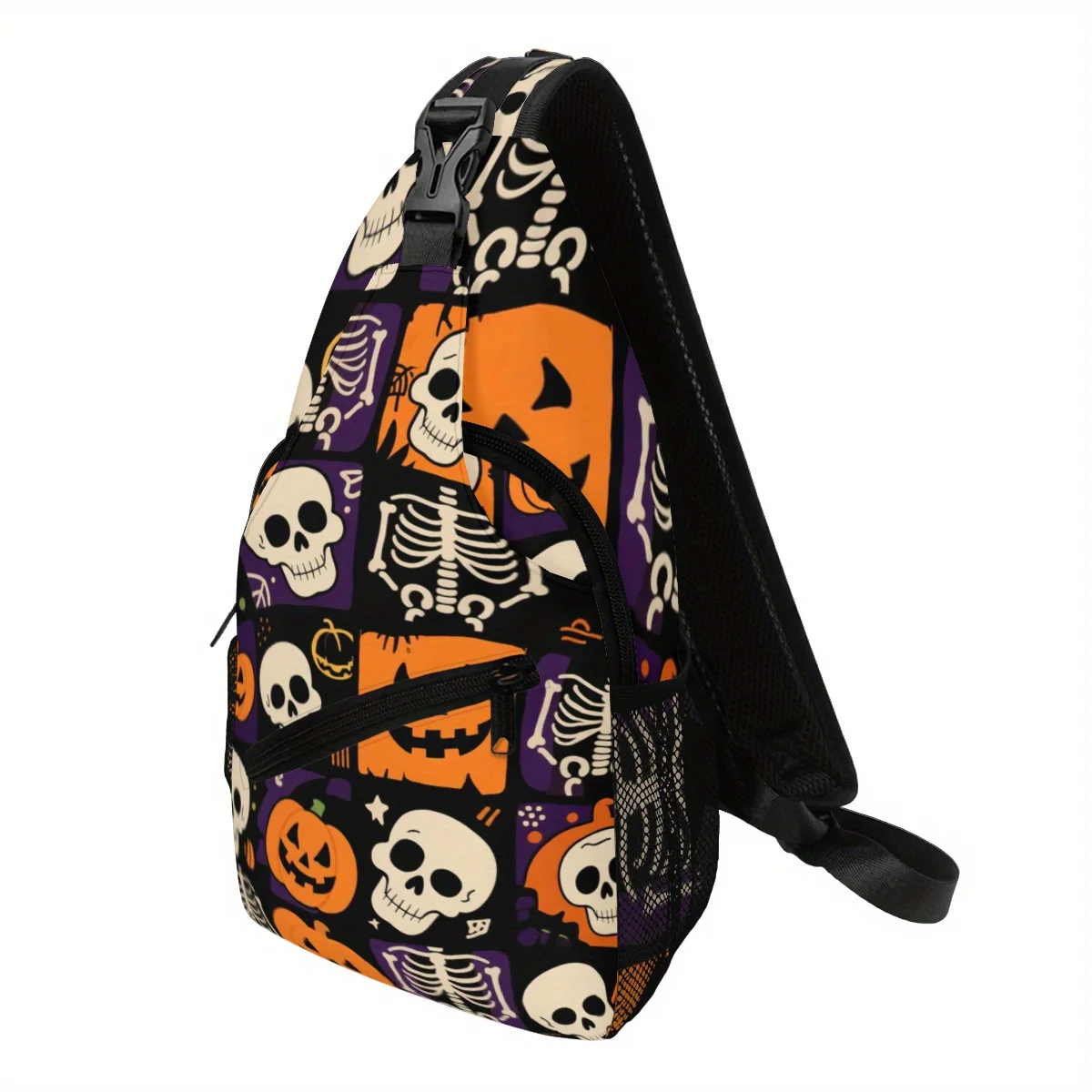 

15-дюймовая нагрудная сумка с черепом на Хэллоуин — черная с фиолетово-оранжевым принтом скелета, прочная застежка-молния, можно стирать в машине