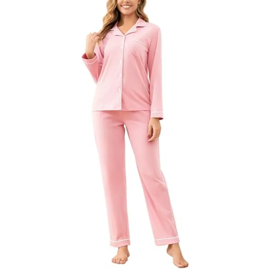 

100% Cotton Pajama Sets for Women 2 Pcs Long Sleeve Button Down Pjs Soft Comfy Ladies Sleepwear Lounge Sets S-XL