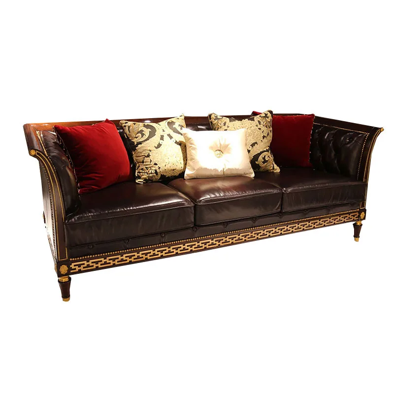 

Living room leather triple sofa mahogany sofa