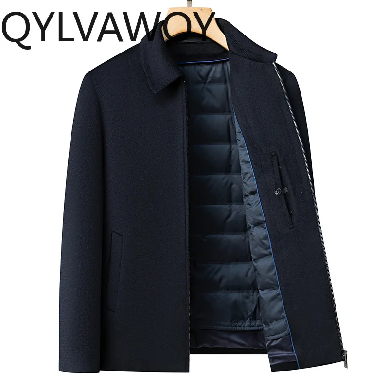 

Мужская шерстяная куртка QYLVAWOY: осенне-зимнее пальто с кашемировым воротником, съемной подкладкой из гусиного пуха, утепленное, новинка