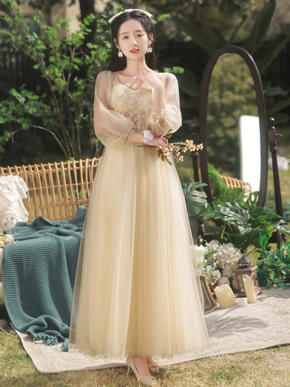 4 estilos champanhe vestido de dama de honra feminino 2024 novo plissado fora do ombro colarinho vestido de noite lantejoulas tule a linha festa vestido