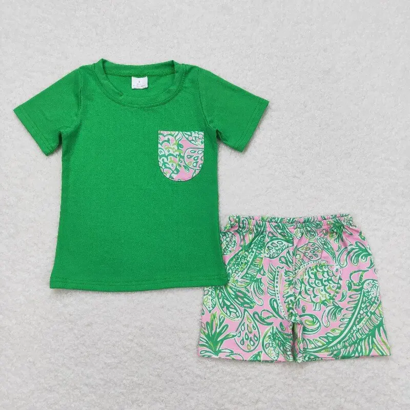 

X12.20 BSSO1269 Hot-selling children's boys' clothing set with seaweed pattern green short-sleeved shirt and shorts.