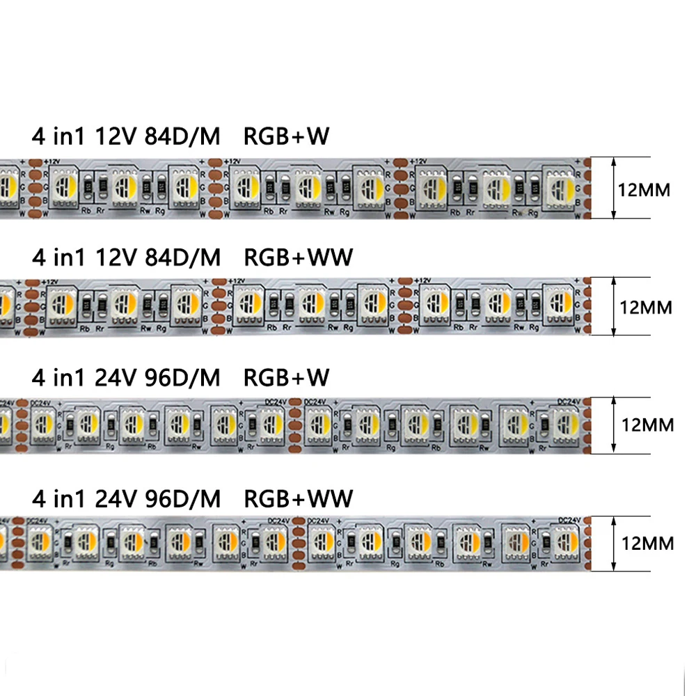 LED Strip light 12V 24V 5050 SMD 60leds/m 84leds/m 96leds/m 12mm PCB 4in1 RGBW RGB+WW Flexible Led Tape Light DIY Room TV Decor