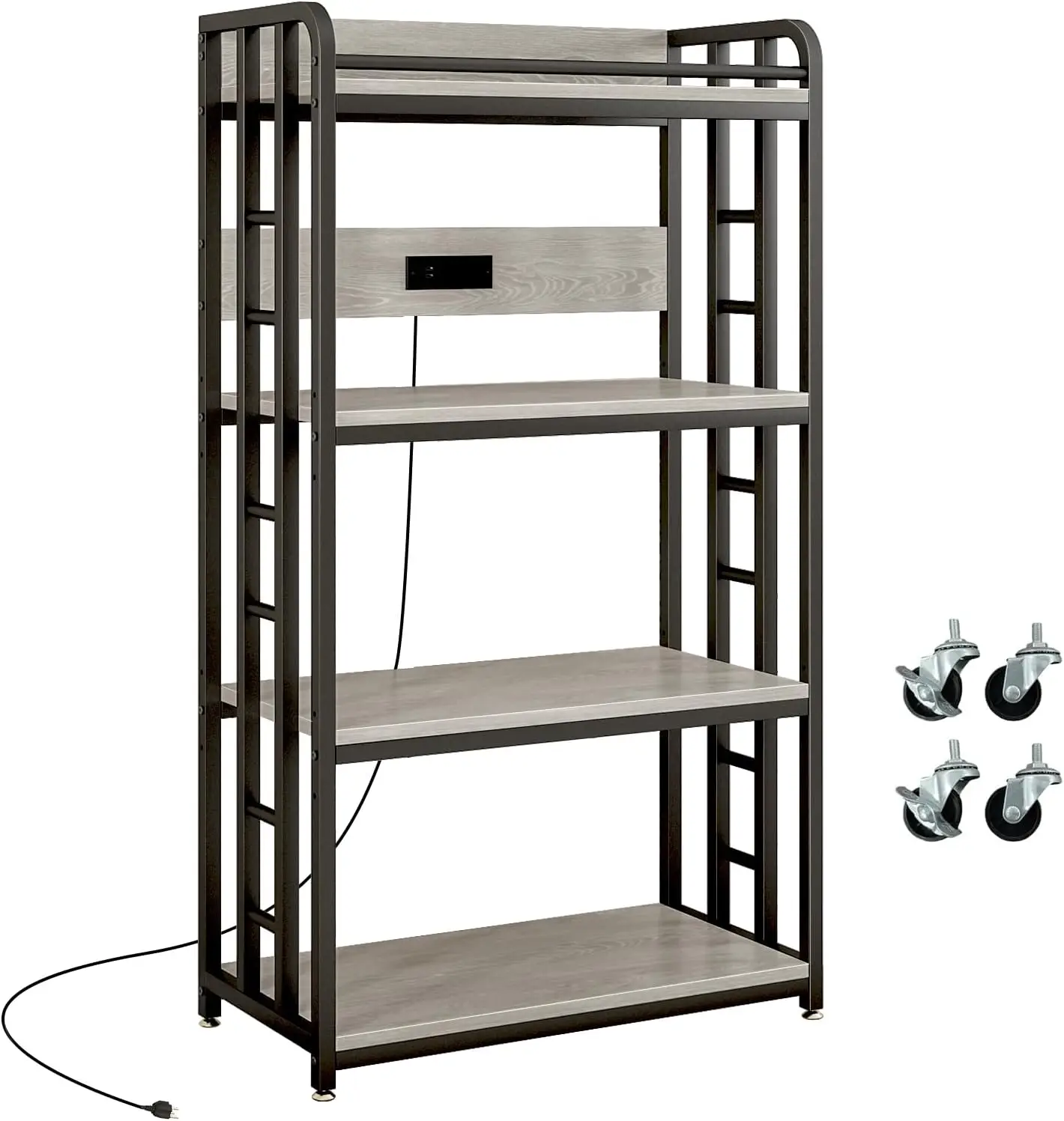 Microwave Stand 4 Tier Kitchen Bakers Rack Storage Power Outlet USB Charging Ports Rolling Kitchen Cart Lockable Wheels Adjustab