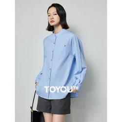 TOYOUTH Women Blouse Shirt 2024 Spring New  Stand Collar Single Breasted Button Pocket Office Lady Long Sleeve Shirts Tops