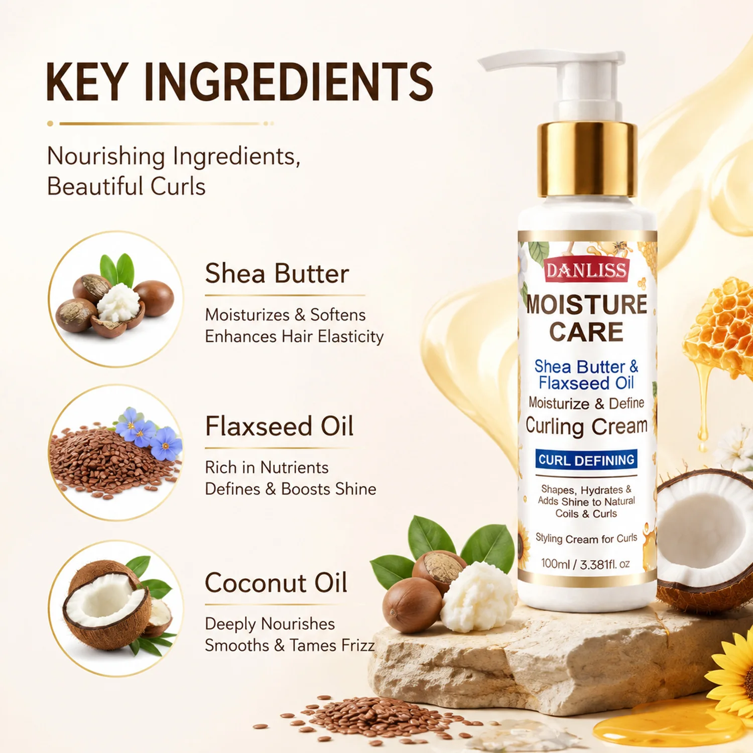 Shea Butter & Flaxseed Oil Curling Cream - Curl Defining & Moisturizing Styling Cream for Natural Coils & Curls.