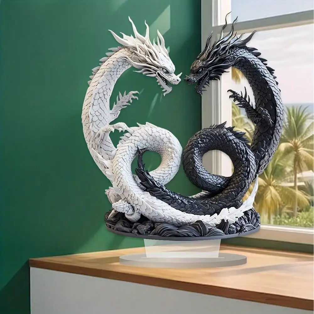 Decoración de escritorio acrílica de doble dragón bohemio Yin Yang, 9,84 "X 8,27", decoración versátil para el hogar con acento