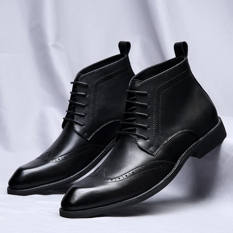 Ankle Boots Spring/Autumn Boots for Men Lace-up Brogue Shoes Brown Genuine Leather Casual Boots Work Office Wedding Formal Shoes