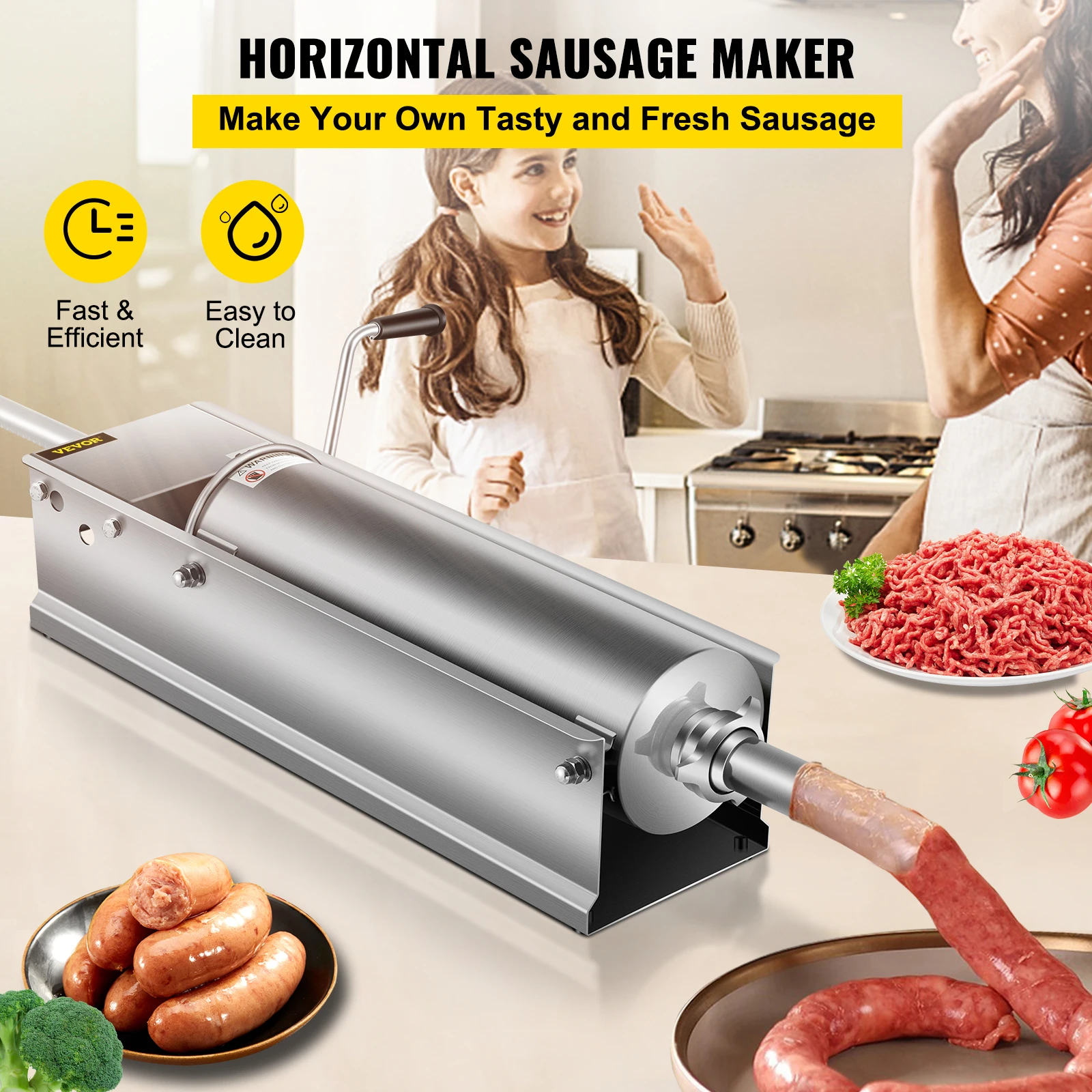 VEVOR Manual Sausage Stuffer, 7 L Horizontal Sausage Machine, Dual-Speed Meat Stuffer, Made of Food-Grade 304 Stainless Steel