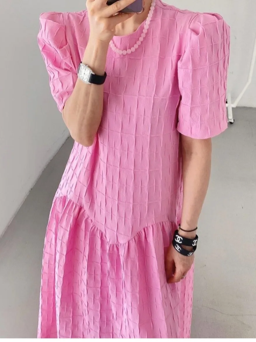 

Pink Texture Fabric Dr Women's Summer 2025 New Gentle Forest System Sweet First Love Long Dr Commute Sle Splice Sve