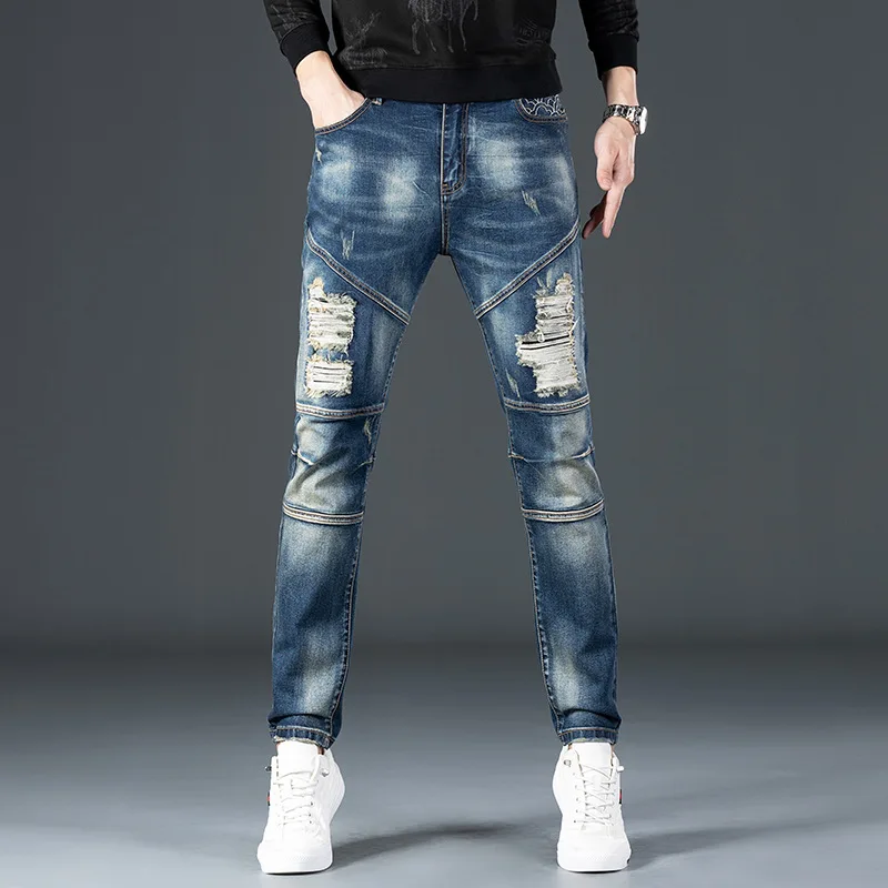 Vintage Jeans Men Streetwear Slim Jeans Micro Stretch Straight Ripped Jeans Personalized Patchwork Embroidered Trendy Trousers