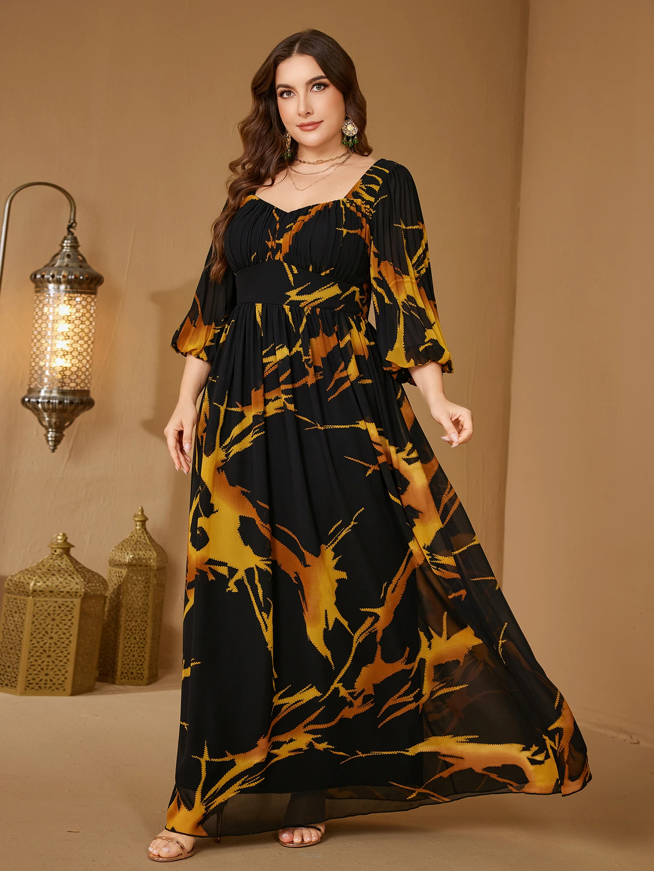 

UNITHORSE Plus Round Neck Floral Print Lantern Sleeve Midi Dress Elegant Chiffon Random Cut Flower Pattern Evening Gown