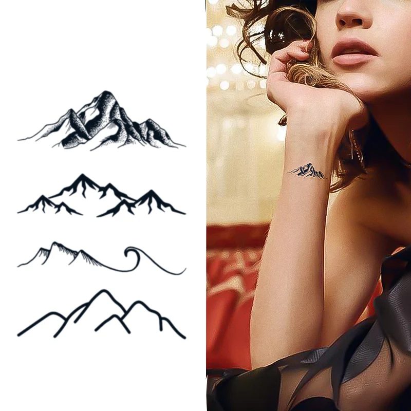 Tatuajes Temporales geométricos negros para mujeres y hombres, diseño de montaña con personalidad, tatuaje falso para cuello, brazo, mano, cuerpo y