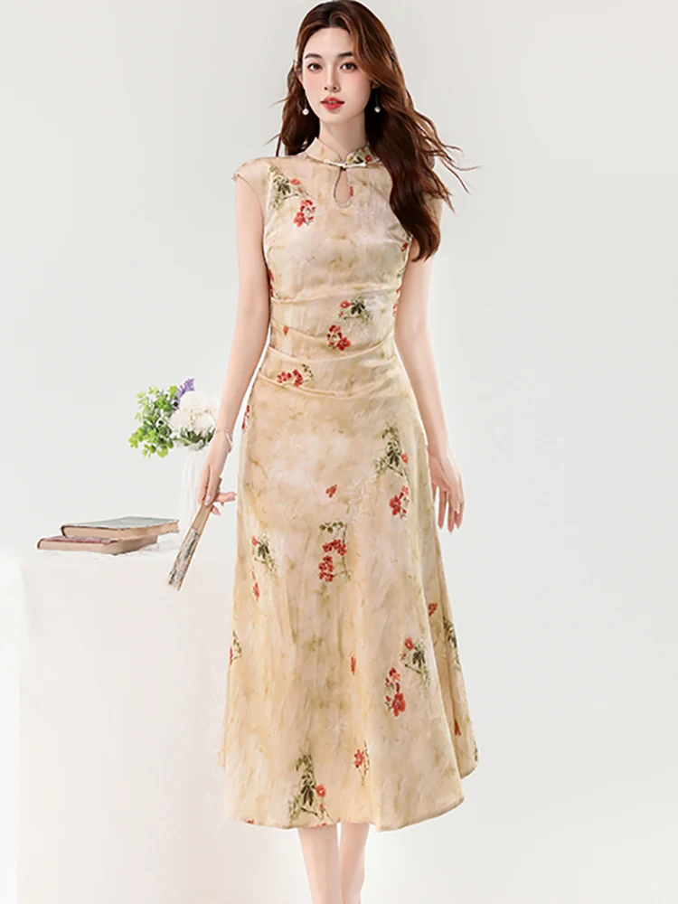 

2025 Korean Vintage Luxury Party Evening Dress Summer Floral Satin Chic Stand Collar Long Dress Women Elegant Bodycon Prom Dress