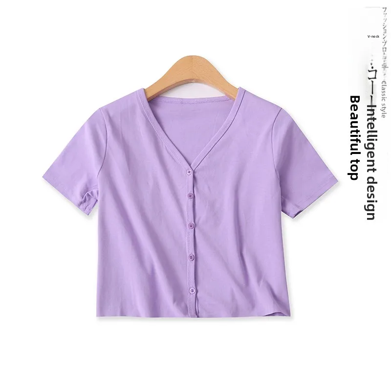 Versatile Short Sleeve V-Neck Slim Fit T-Shirt Women's Summer New Style Simple Design Multi-Button Front Placket 16047