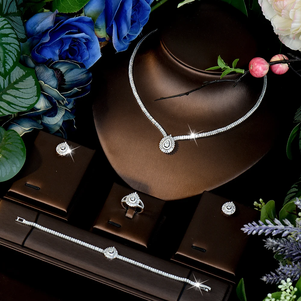 HIBRIDE Popular Simple Everyday Heartbeat Droplet 4 Piece Jewelry Set Women's Wedding Bridal Travel Event Party Gift S-1228