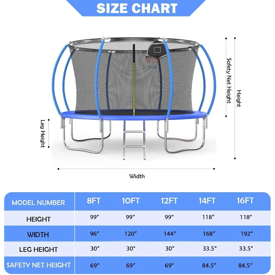ترامبولين خارجي 8FT 10FT 12FT 14FT 16FT مع طوق كرة سلة مدمج للترفيه في الفناء الخلفي مناسب للبالغين ASTM C