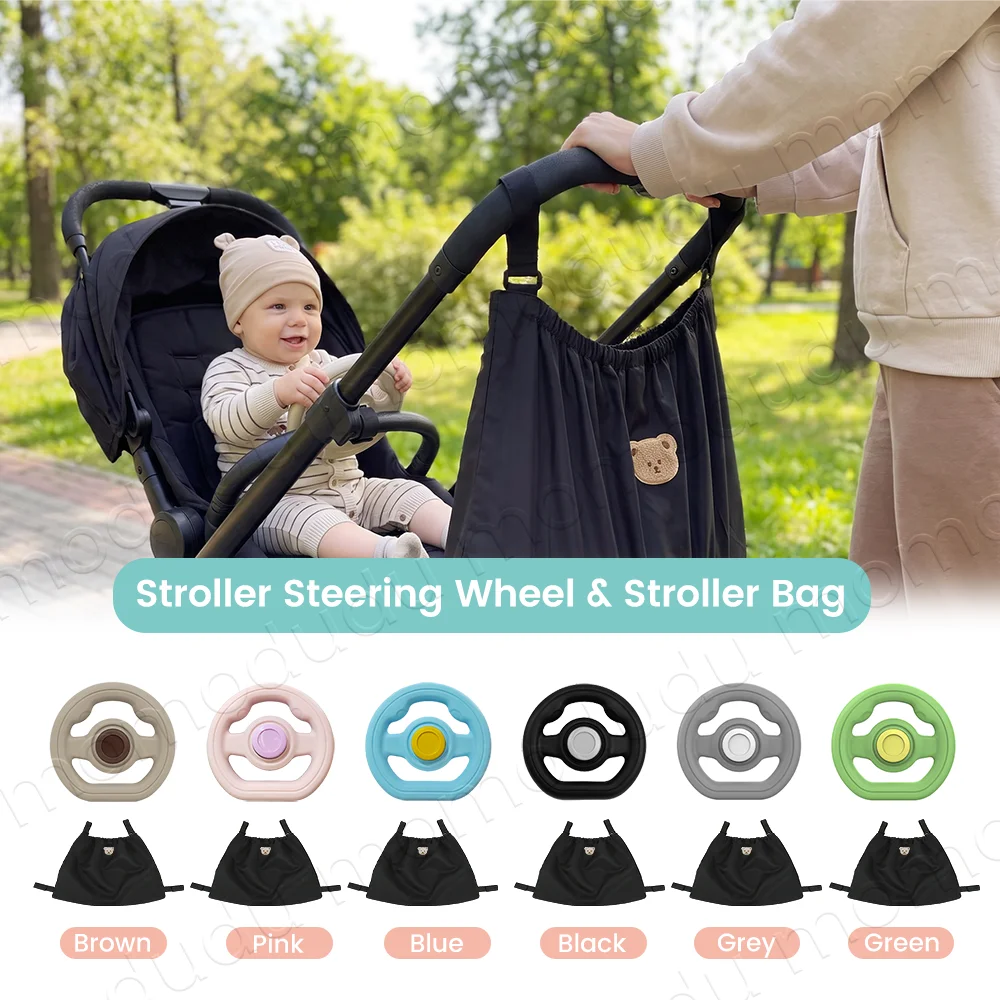 360° Rotating Baby Stroller Steering Wheel & Large Capacity Stroller Storage Bag Set, Traveling Organizer Kit