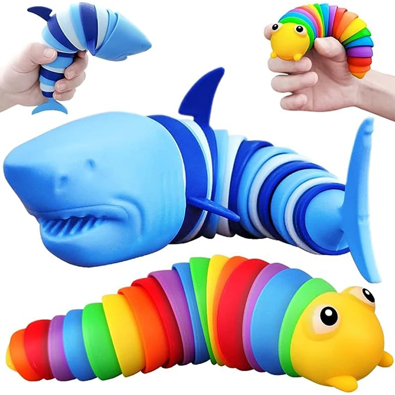 2 Pieces Colorful Articulated Fidget Rainbow Caterpillar Toy Ocean Shark Decompression Toys Stim Toy Decompression Fun Children