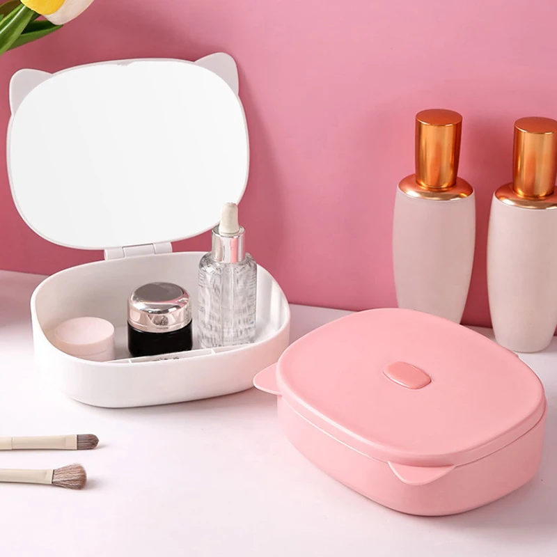 With Storage Box Folding Storage Mirror High Definition Without Dead Corners Cat Ear Makeup Mirror Decoration Direct Color