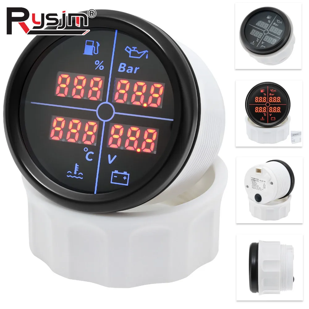 

52mm / 85mm 4 in 1 Multifunction Gauge Fuel Level Oil Pressure Water Temperature Voltmeter with 8 Colors Backlights for Car Boat