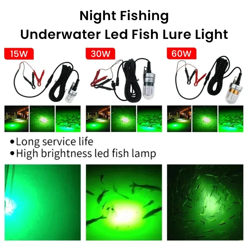 Lâmpada de pesca de lula 10w/15w/30w/60w luzes led subaquáticas gancho de pesca para noite, equipamento de captura de peixes de mar profundo