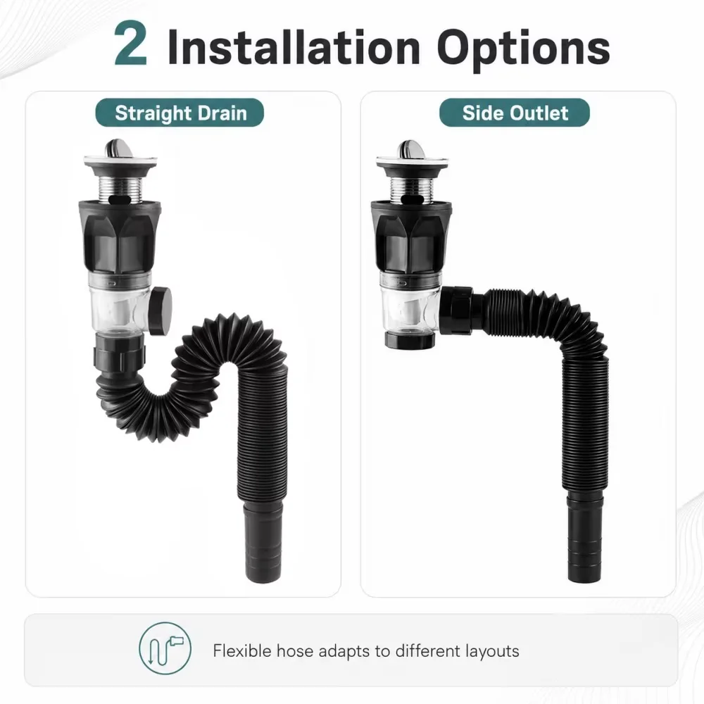 1-5Pcs ABS Body Bathroom Sink Drain Kit Drain Stopper Flexible Hose Stainless Steel Top Side Outlet Basin Drain Pipe Set