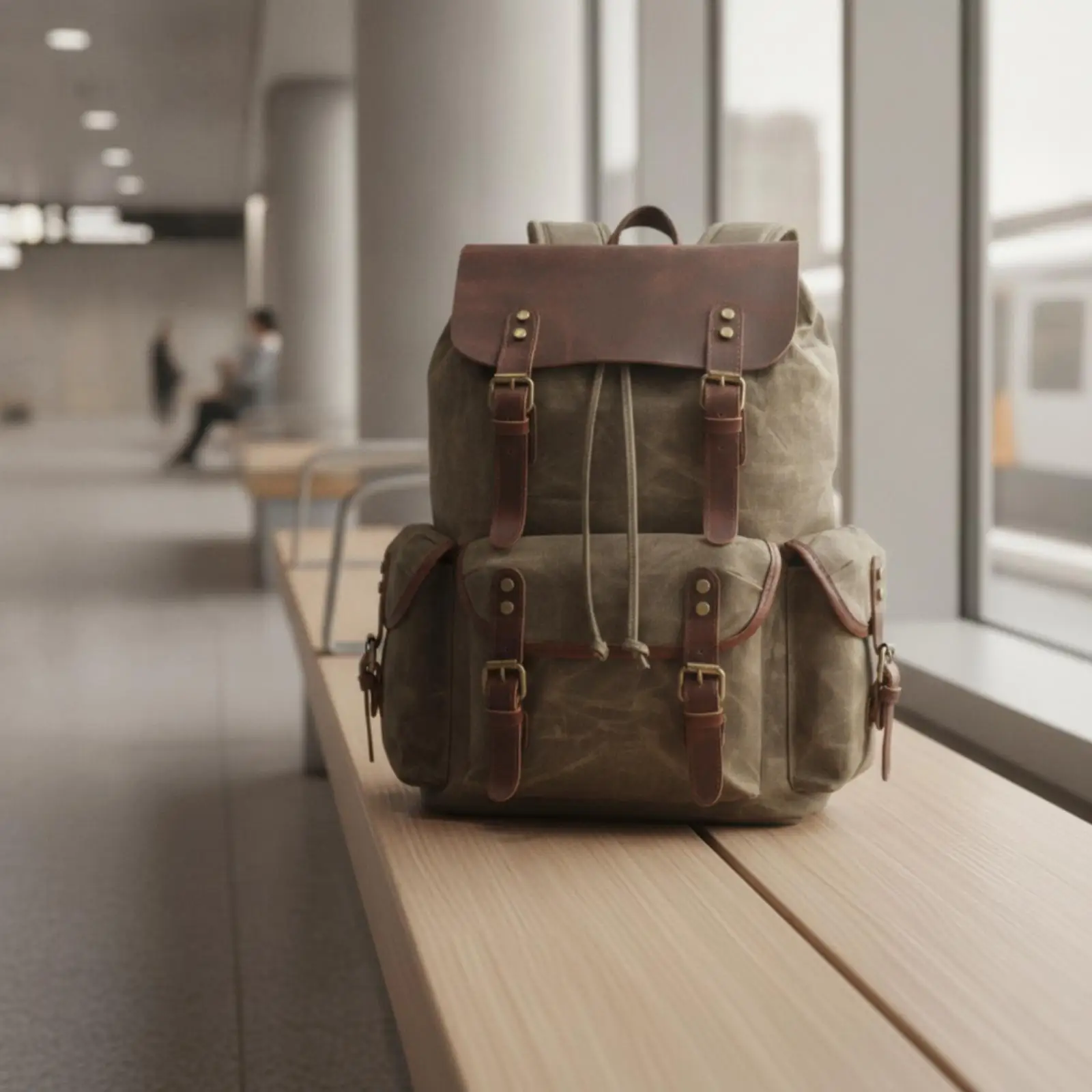 Canvas Travel Pack Vintage Style Waxed Canvas Rucksack Secure Drawstring Backpack for Hiking