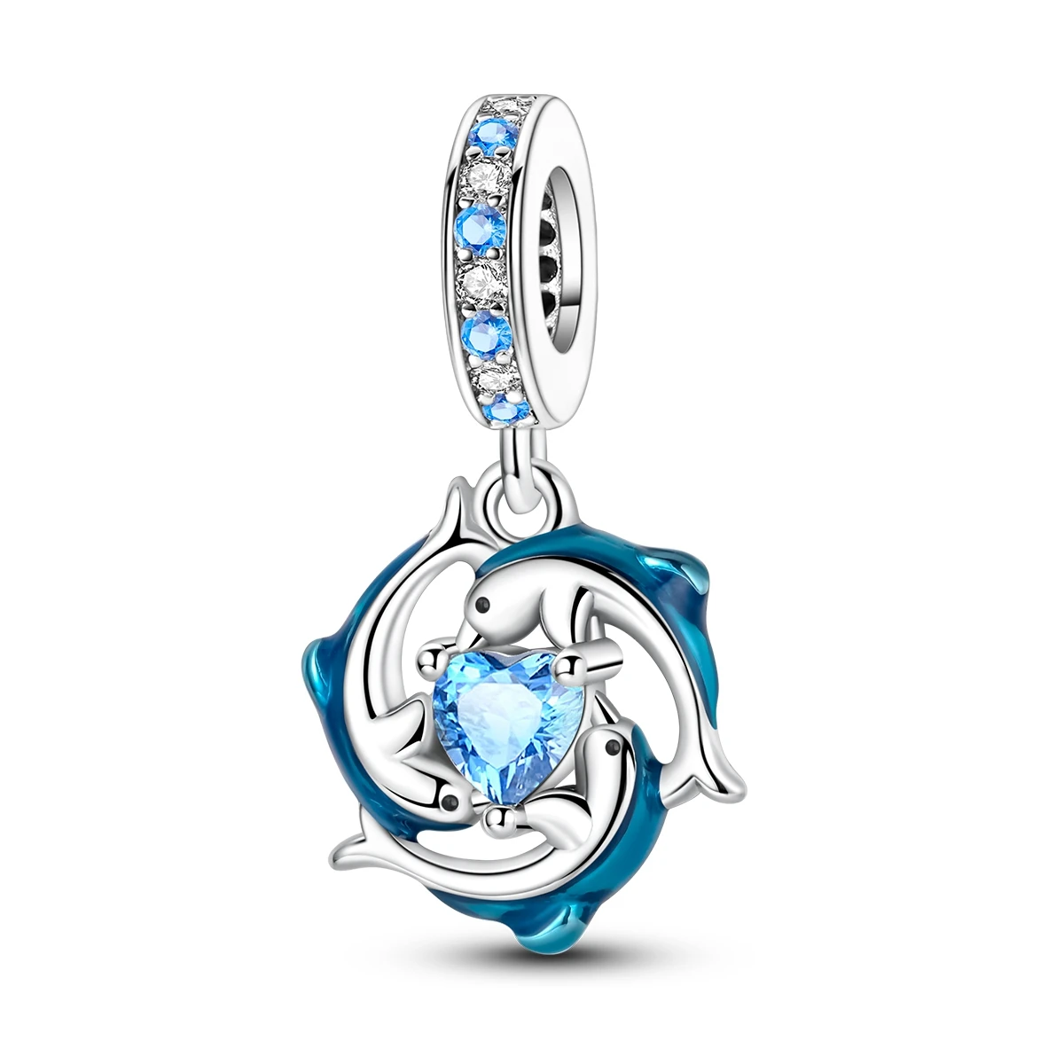 

925 Sterling Silver Dolphin Heart Charms Blue CZ Blue Enamel Dangle Beads Fit Bracelets Necklace Women Mother's Day Jewelry Gift