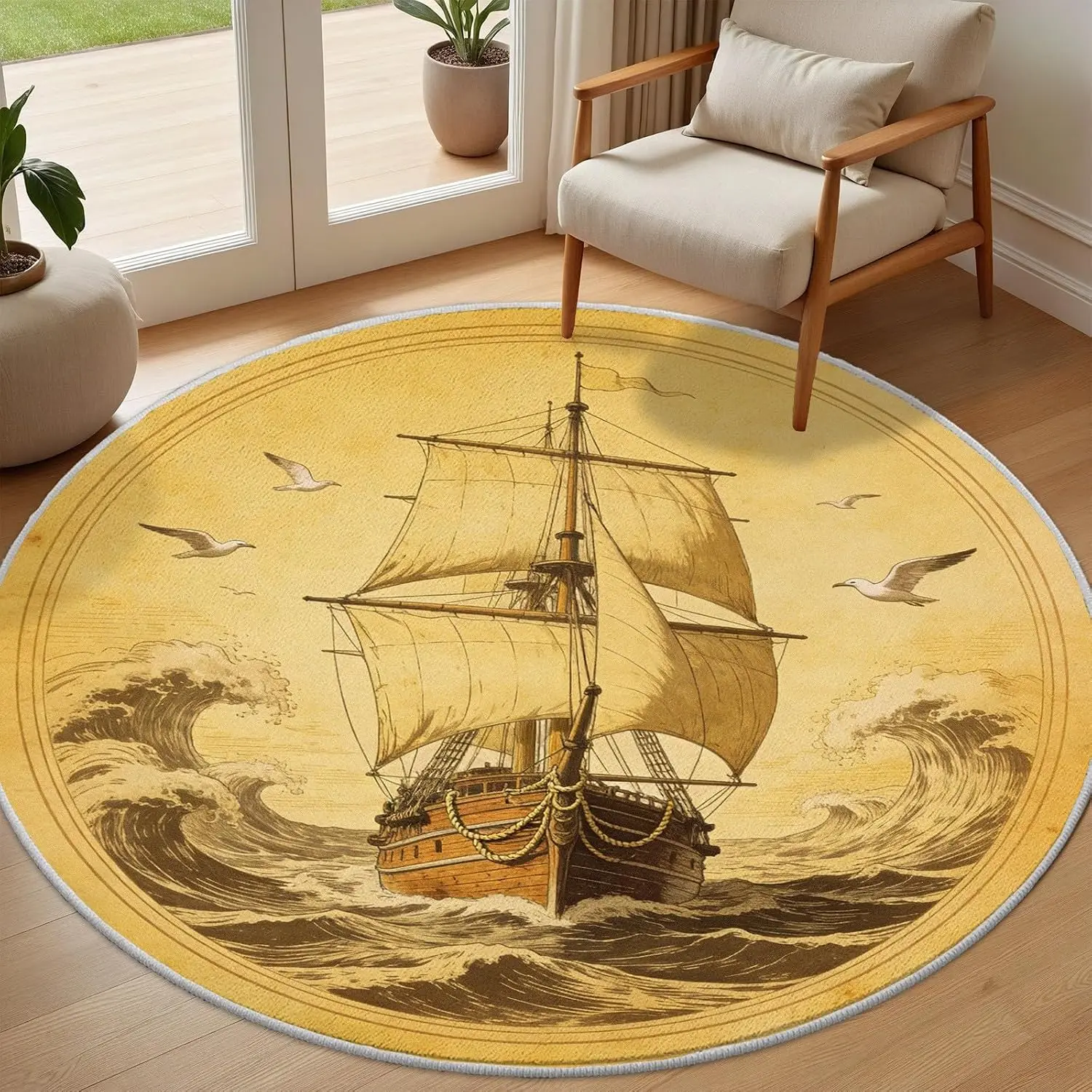 Nautical Sailing Ship Rug Vintage Ocean Style Polyester Circle Area Mat for Living Room and Hallway Waterproof Home Decor Access