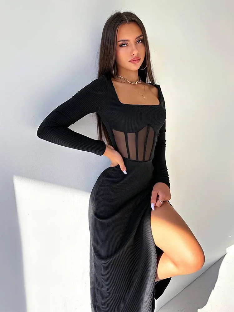 Ahagaga Sexy vrouwen Lange Feestjurken Vierkante Kraag Hoge Split Regelmatige Lange Mouwen Solid Sheer Schede Elegante Vestidos Gewaden