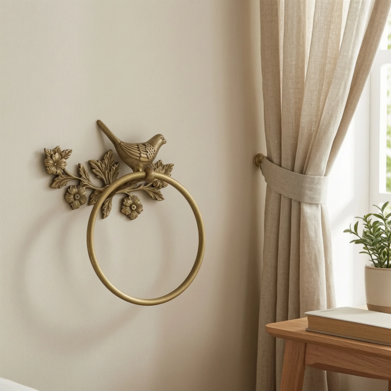 Towel Holder with Bird and Floral Motif Wall-Mounted Towel Loop with Floral Design Hardware Decorative Space-Saving for Bathroom