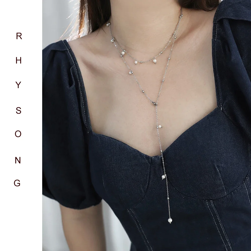 RHYSONG Women Pearl Long Necklace Multiple Wearing Method 316L Stainless Steel Bead Chain Waterproof Jewelry Collares Para Mujer