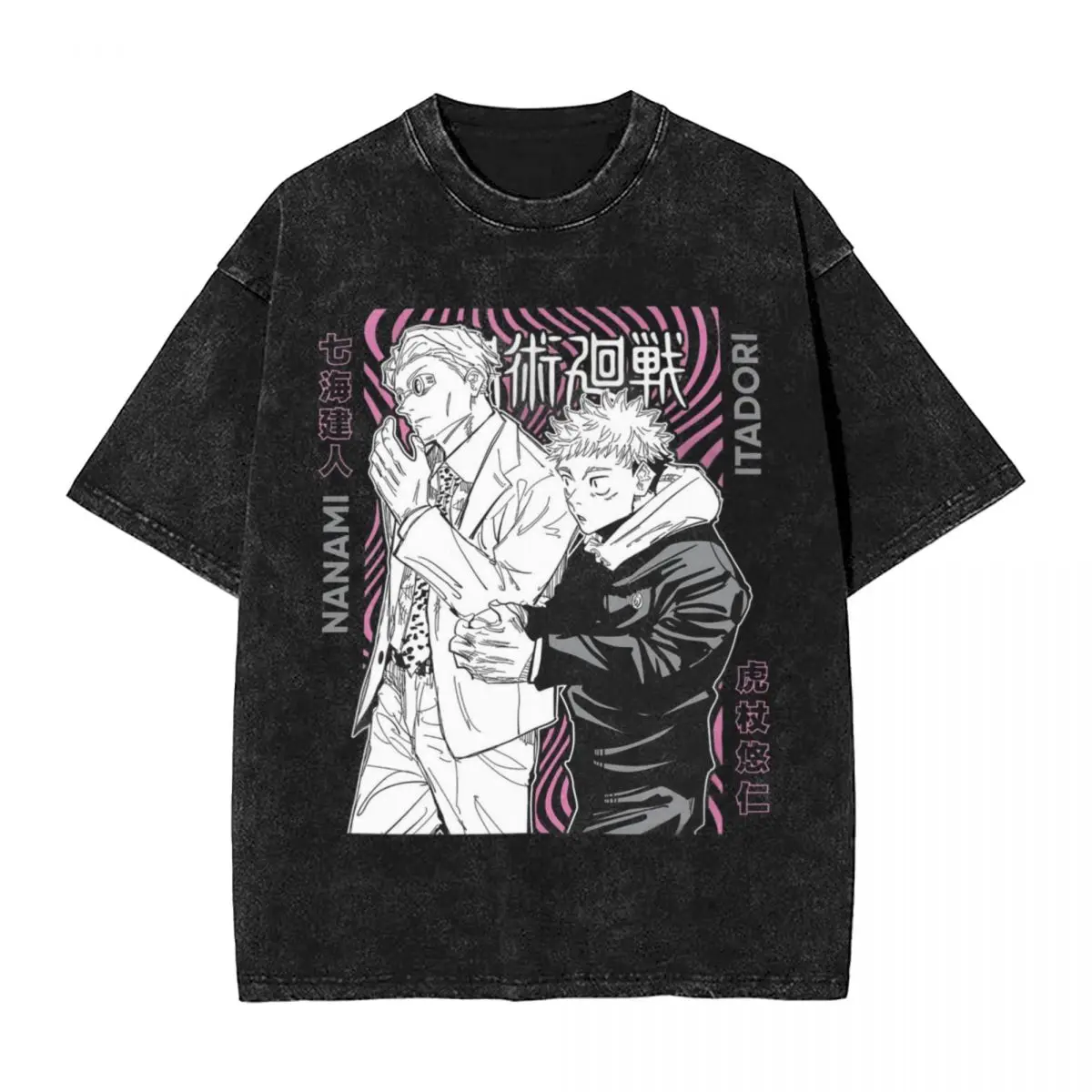 Casual Jujutsu Kaisen Nanami Itadori Vintage Washed T-Shirt Men's Crewneck Short Sleeve Clothes Cotton Tops Shirts